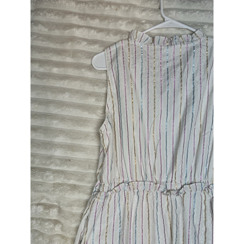 J Crew‎ Dress Women's White Multi Metallic Shimmer Stripe Ruffle Trim Midi 10 - Picture 8 of 15
